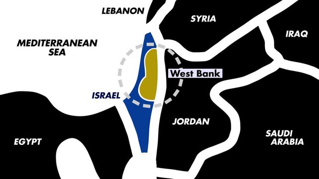 4K Map Animation Of Middle East Showing Israel And West Bank With Red Highlight Blinking Pulsing And Rotating Dotted Line Around Occupied Region