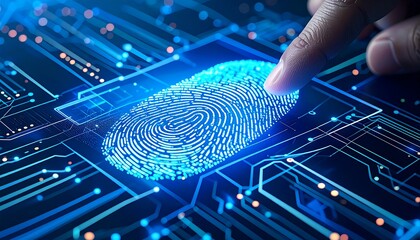 A hand finger touches a digital fingerprint on a circuit board