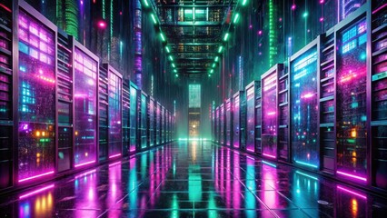 Photo of futuristic server room with glowing neon lights and digital data streams, representing technology and innovation in a modern data center environment