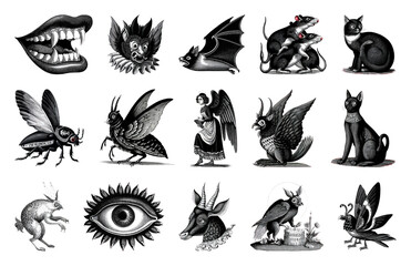 Obraz premium PNG Vintage mythical creatures illustration collection, element set on transparent background