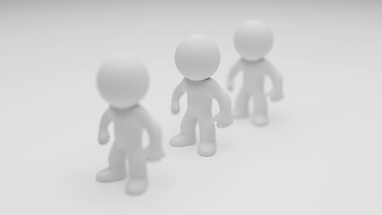 Minimal 3D render of three abstract humanoid characters standing together