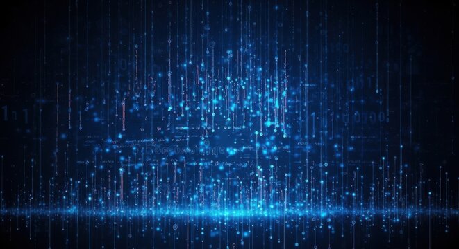 Abstract digital cascade of glowing blue data streams and binary code patterns