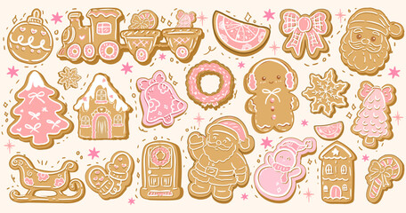 Hand drawn Christmas cookie,Christmas Gingerbread ,Coquette Christmas, Hand drawn Xmas Gingerbread man cookie,Vintage style gingerbread man drawing background for Minimal Christmas vector illustration
