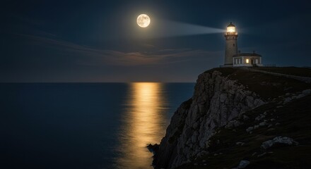 Luminous Lighthouse Beam Illuminates Moonlit Ocean at Night