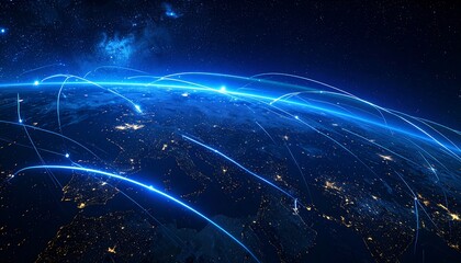 Global network of glowing lines over a dark night Earth