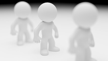 3D render of humanoid figures walking on gradient background
