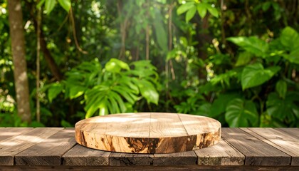Fototapeta premium Wooden table in a lush garden