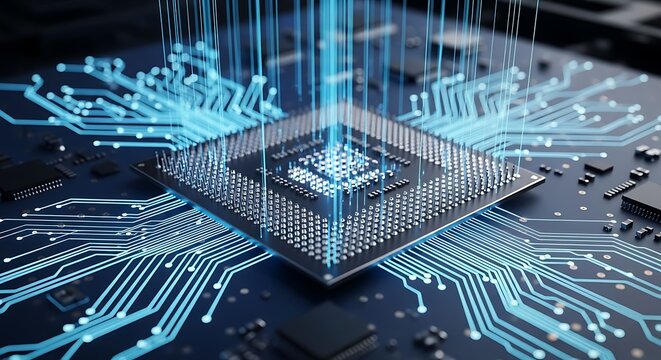 Abstract representation of a central processor unit on a dark circuit board, with vibrant blue light trails emanating from it, symbolizing data transfer and complex computational processes