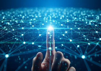Finger touching a glowing digital network with binary code, representing technology and data