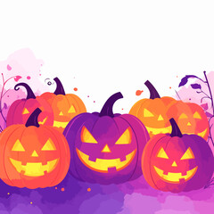 Group of Halloween pumpkins with carved faces glowing with light.