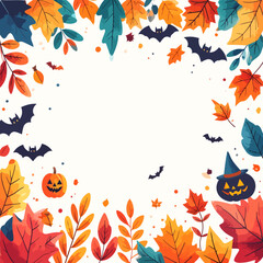Halloween Frame with Autumn Leaves, Bats, and Festive Elements.