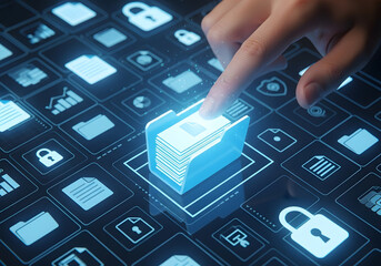 A finger touches a glowing blue folder icon on a digital grid of data and security symbols, representing digital information and cybersecurity