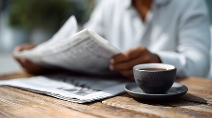Person reading a newspaper and enjoying a hot cup of coffee at a rustic outdoor cafe table embodying a calm morning routine