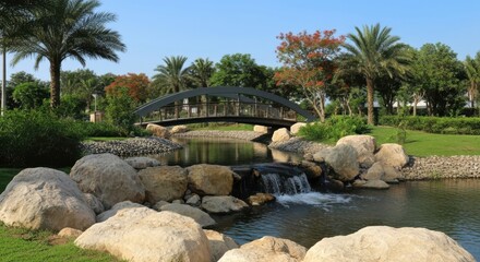 Tranquil garden scene with water feature and lush greenery