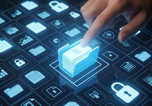 A finger touches a glowing blue folder icon on a digital grid of data and security symbols, representing digital information and cybersecurity