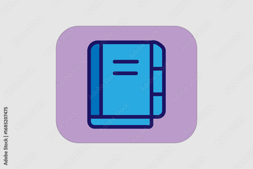 Aufkleber the image shows a blue notebook icon with a tabbed design, placed inside a rounded purple square bac