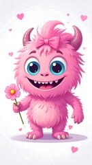 Pink monster girl with bow, flower, and hearts