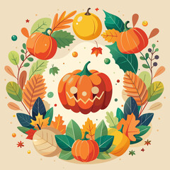 Halloween wreath with pumpkins and autumn leaves