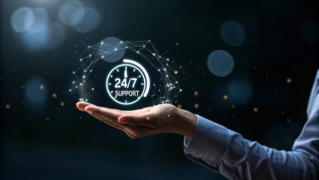 Hand Holding a 247 Support Icon with Network Connections - Powered by Adobe