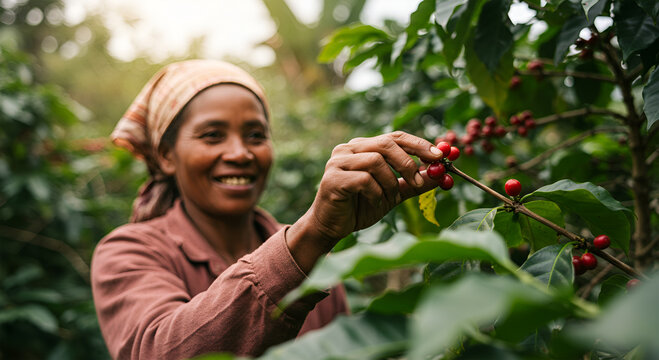 A smiling woman harvests ripe red coffee berries from a lush coffee plant in a vibrant field, International Day of Rural Women