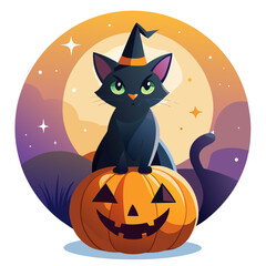 Witch s black cat sitting on a colorful pumpkin
