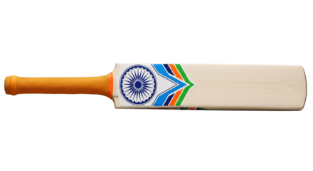 Cricket bat with Indian flag design on display for fans during a match in outdoor stadium