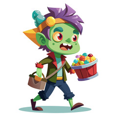 Colorful cartoon zombie holding a candy bucket