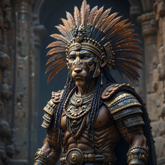 Obraz premium Aztec jaguar warrior from the 15th century adorned with jaguar pelts and feathered headdress in the heart of Tenochtitlan