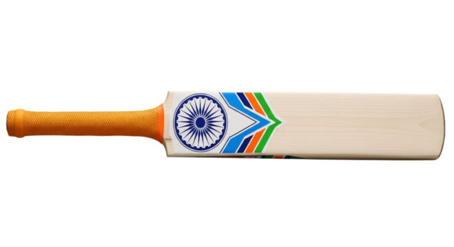 Cricket bat with Indian flag design on display for fans during a match in outdoor stadium