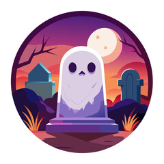 Cute ghost peeking from behind a spooky gravestone for halloween