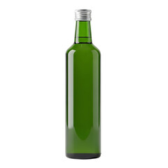 Photo of a tall, slender green glass bottle with a silver screwtop lid, isolated on a transparent background, representing a beverage container or packaging