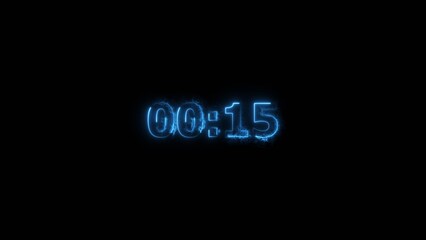 Countdown 15 second neon bright purple color 4k illustration. black background 4k illustration.