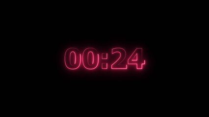 Countdown 24 second neon bright magenta red color 4k illustration. black background 4k illustration.