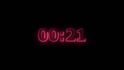 Countdown 21 second neon bright magenta red color 4k illustration. black background 4k illustration.