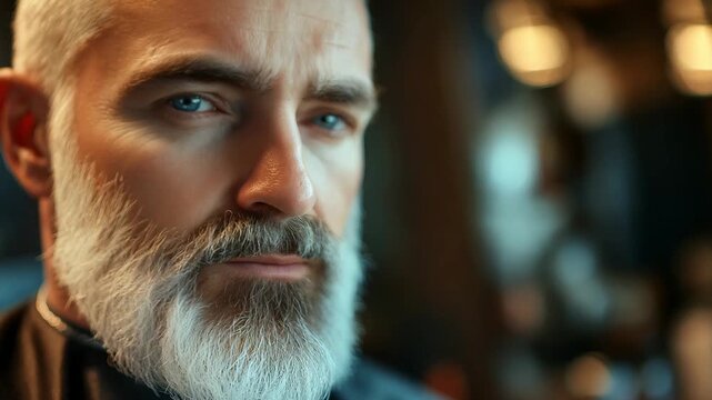 An older man sits in a barbershop chair, showcasing a well groomed beard while deep in thought