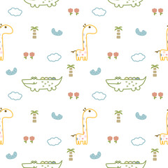 Crocodile giraffe cartoon so cute. On tree cloud flower swamp white background. Pattern seamless vector illustration. 