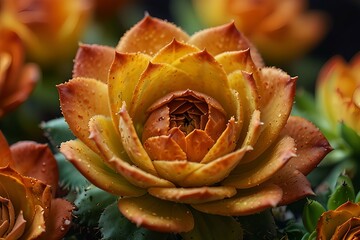 Close up of a vibrant orange succulent plant in full bloom