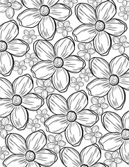 seamless floral pattern.Hand-drawn Doodle Flower Illustration . Floral Line Art Design in black and white. Perfect for use in greeting cards, coloring books, packaging, fabric prints, digital art.