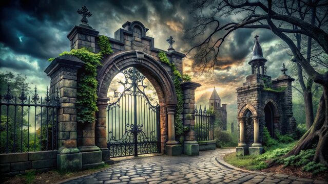 Photo of an imposing, ancient stone gateway to a gothic cemetery, overgrown with ivy, under a dark, stormy sky, creating a mysterious and eerie atmosphere