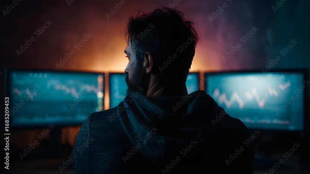 Poster man intently focused on multiple glowing computer monitors displaying financial data and market tren