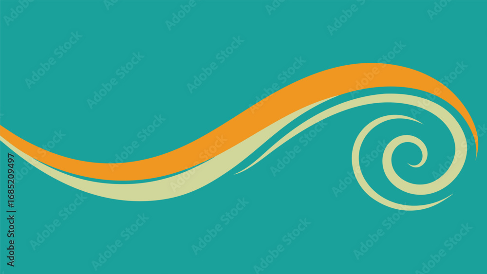 Poster abstract teal background with flowing orange and cream wavy lines and swirls texture pattern