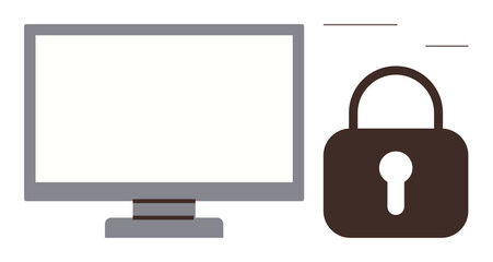 Monitor paired with padlock symbolizing cybersecurity, privacy, and secure online access. Ideal for technology, protection, safety, encryption, internet usage, digital safeguarding simple flat