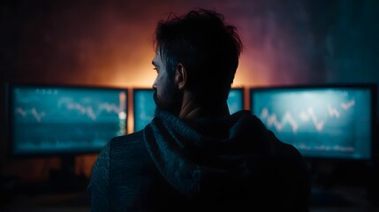 Man intently focused on multiple glowing computer monitors displaying financial data and market trends in a dark high tech workspace