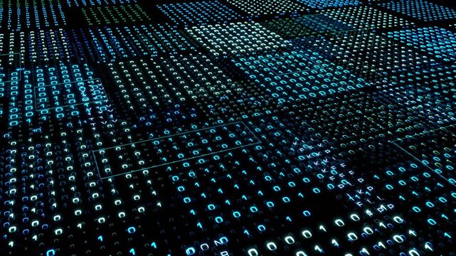 Big data, binary code, AI data (Artificial Intelligence), computer language. Abstract data, virtual reality, technology, encryption, coding, science, industry. 3D animation