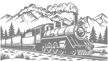 Vintage Steam Locomotive Chugging Through Mountain Landscape Illustration © MH Soykot