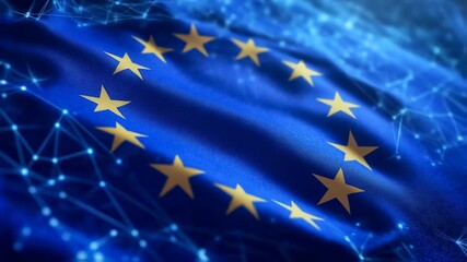 Digital representation of the European Union flag with a blue abstract network overlay showcasing - Powered by Adobe