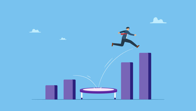 Businessman jumping from trampoline back to top of growing bar graph. Business challenge, revenue rebound and recover from economic crisis or earning and profit growth jump from bottom.