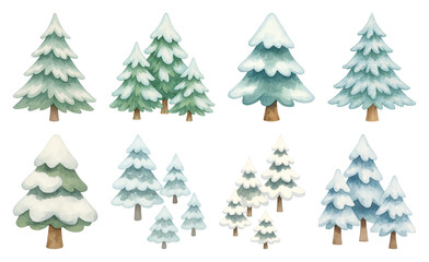 Fototapeta premium PNG Watercolor snowy pine trees illustration, element set on transparent background
