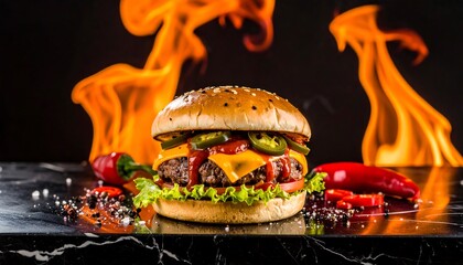 Gourmet burger on a marble surface, with flames