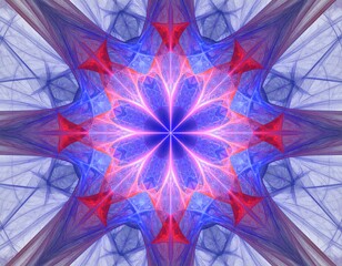 Abstract, symmetrical, fractal flower design in shades of blue, red, and pink